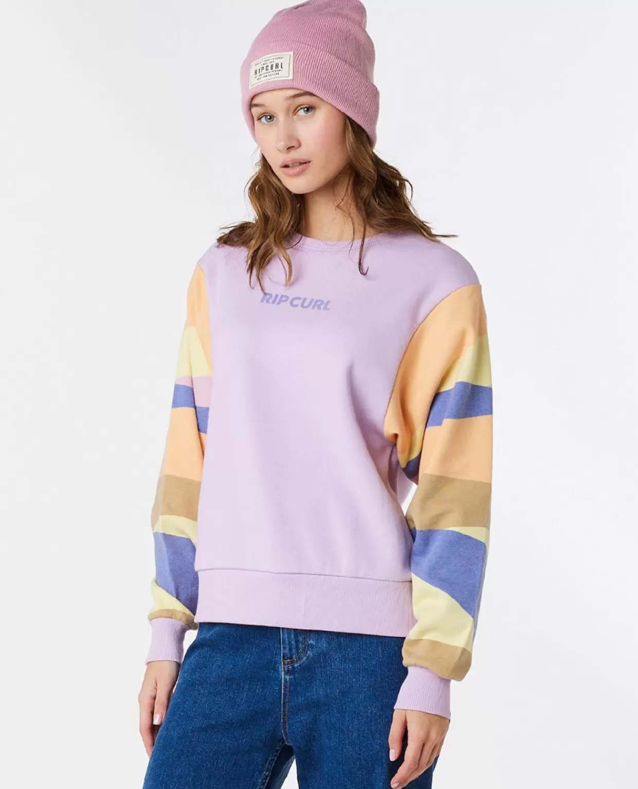 Sale Wavy Print Sleeves Crew Fleece Women Hoodies & Jumpers